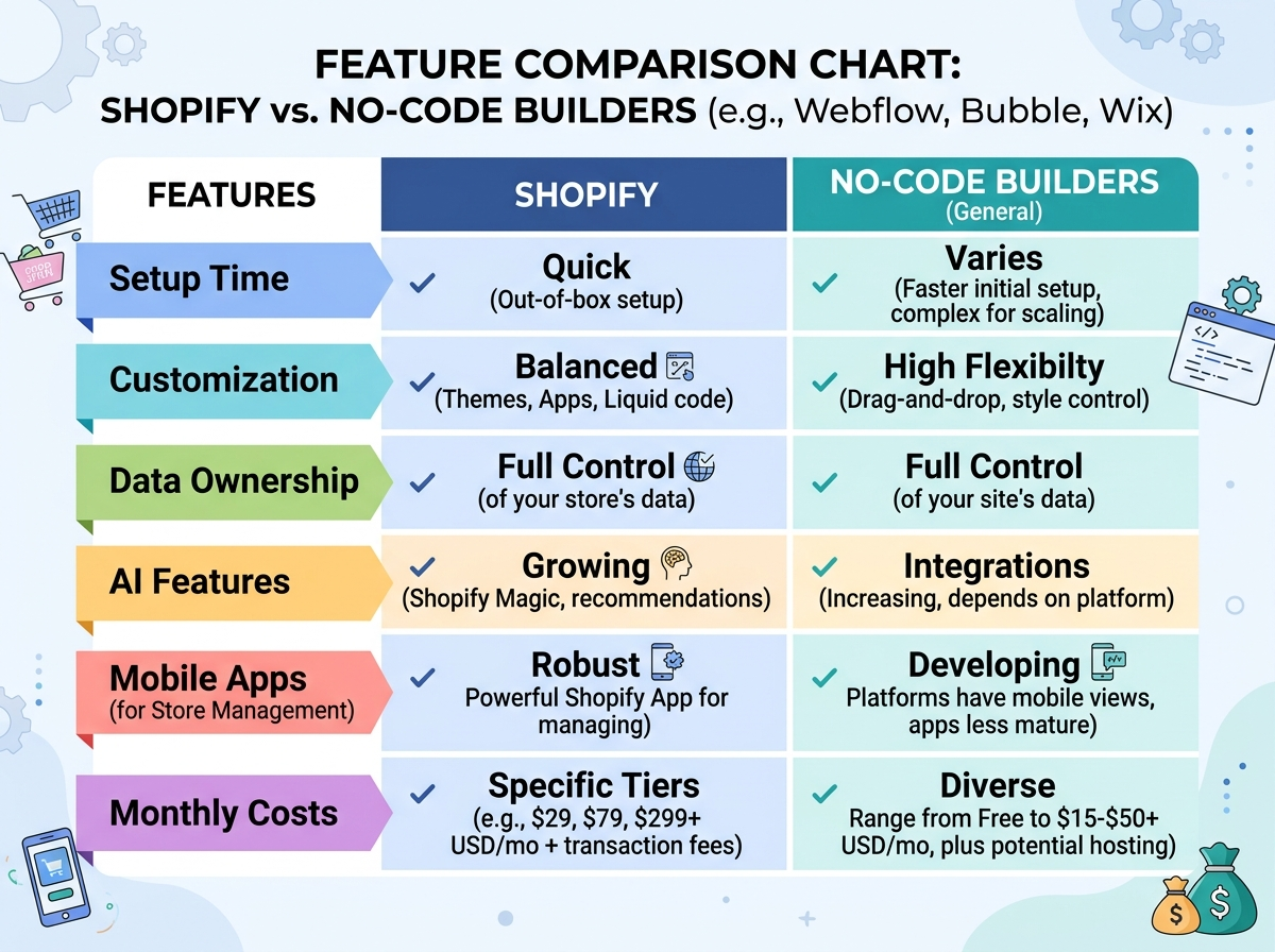 Shopify vs no-code e-commerce builders feature comparison