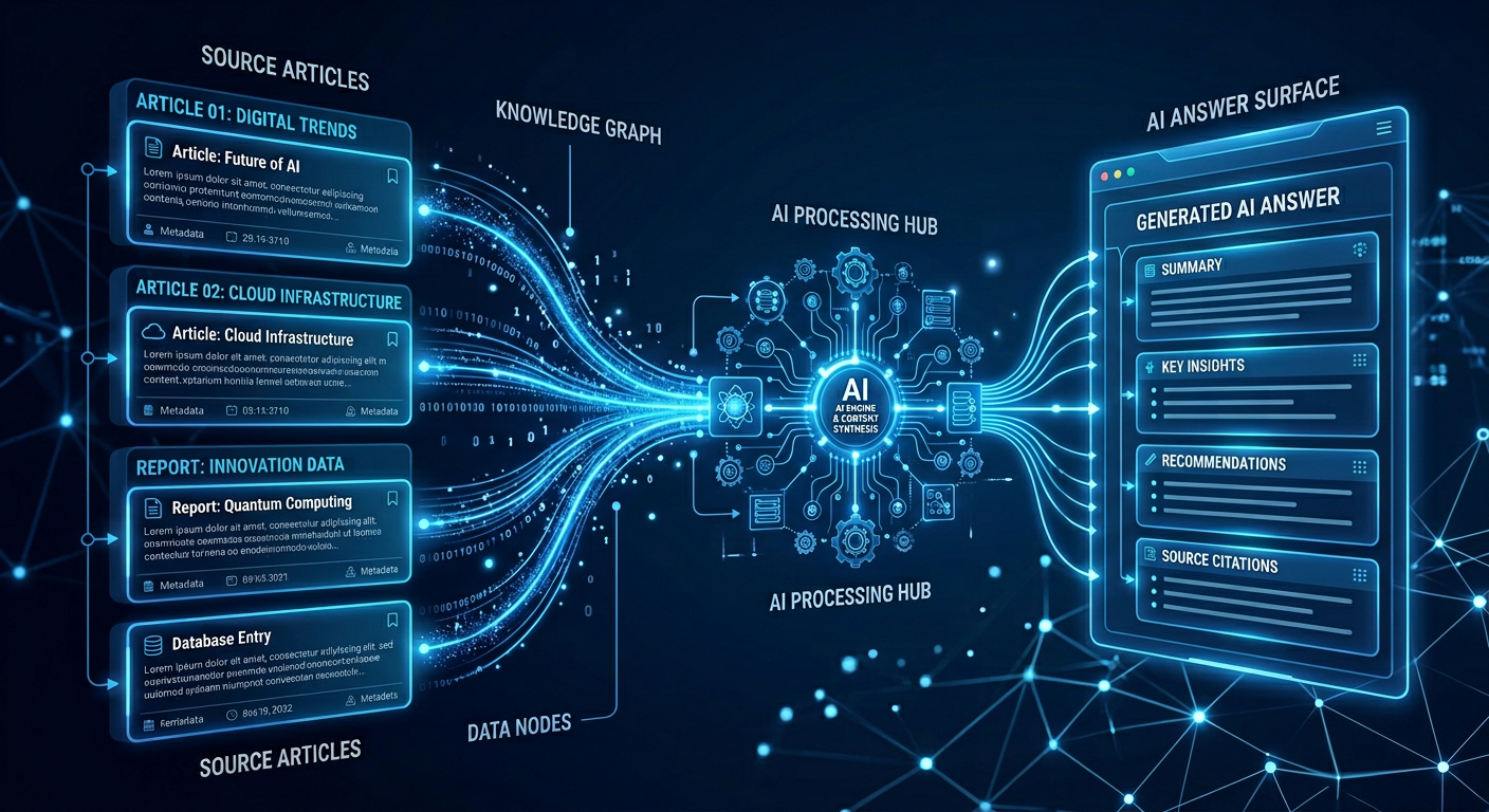 An abstract but realistic digital content structure showing modular content blocks, highlighted headings, and flowing data...