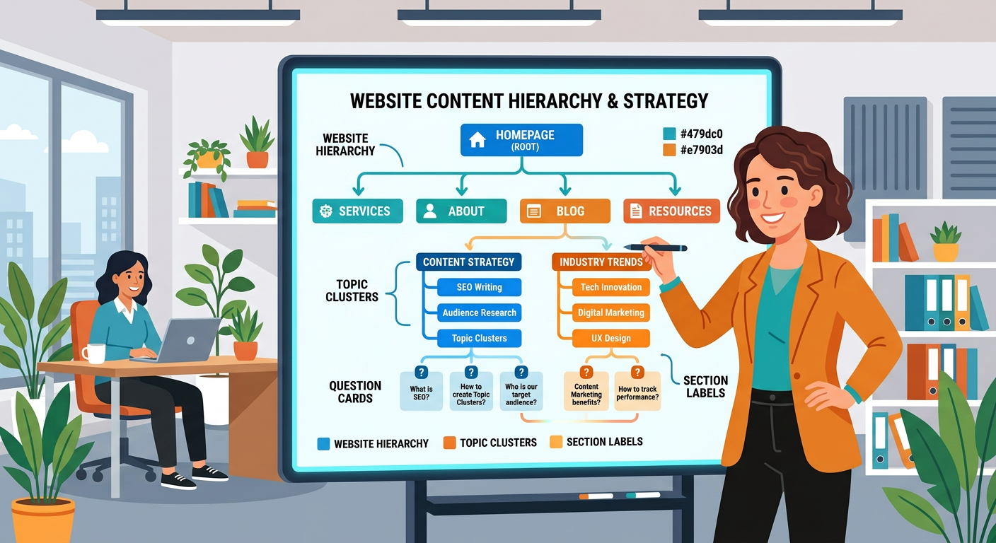 Modern illustrative scene of a content strategist mapping a website content hierarchy on a digital whiteboard, with connec...