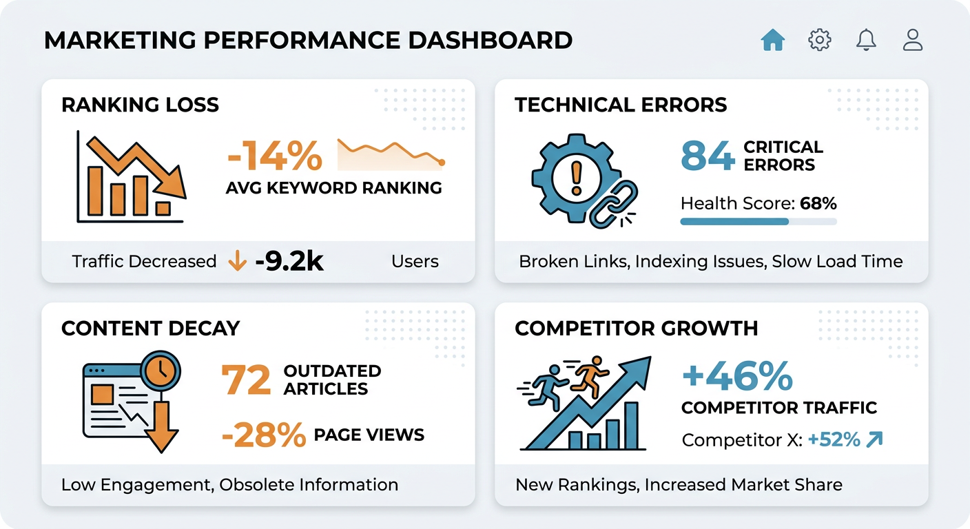 A simple flat illustration of a marketing dashboard split into four panels showing ranking loss, technical error, content ...
