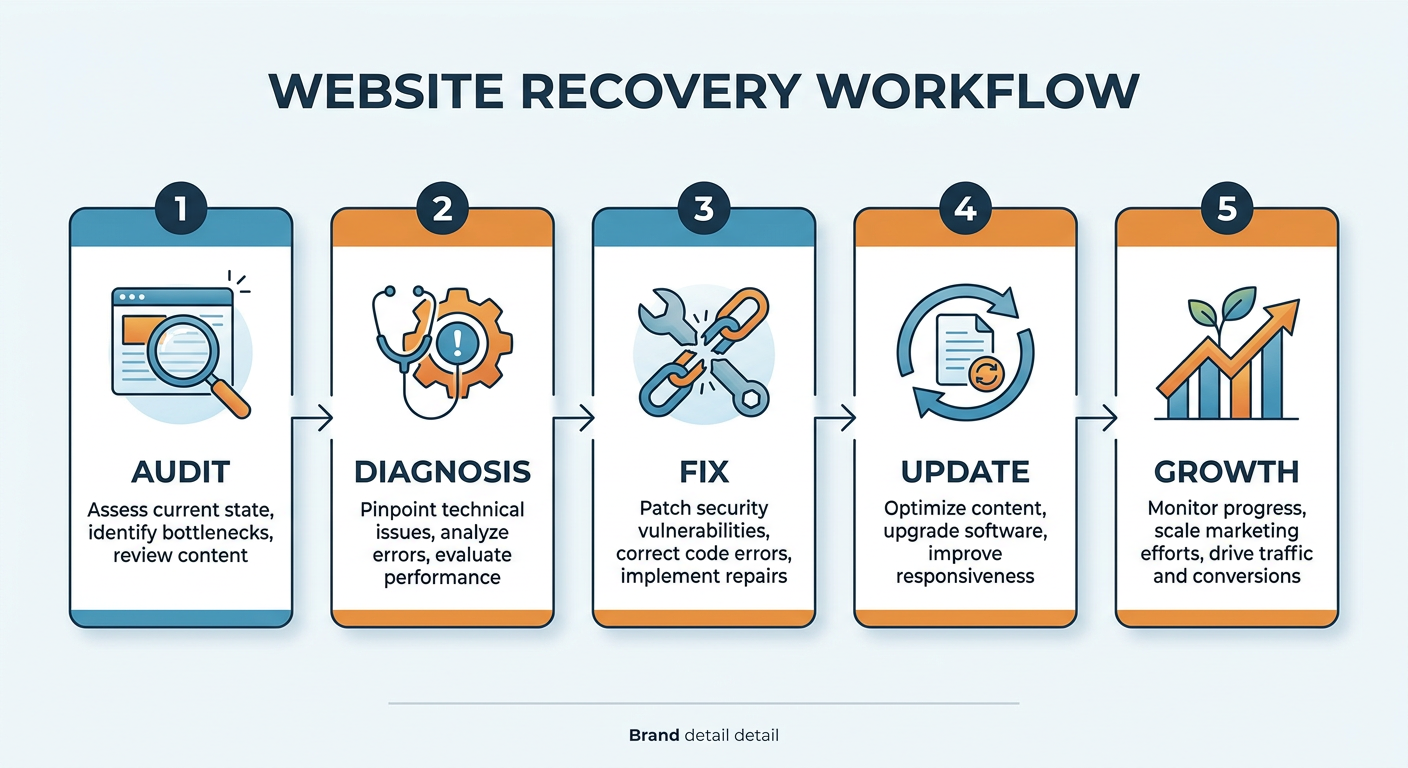 A clean infographic-style illustration of a website recovery workflow with five connected steps, showing audit, diagnosis,...