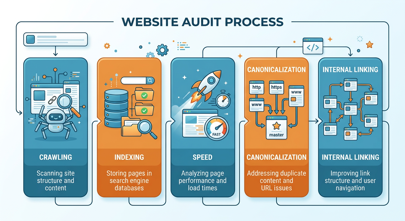 Clean flat illustration of a website audit process flow, showing crawling, indexing, speed, canonicalization, and internal...