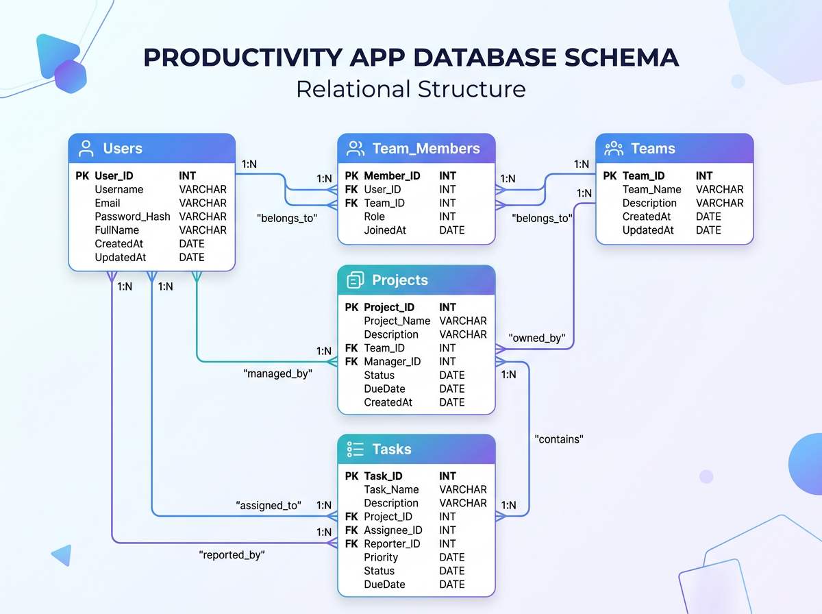 Database structure and relationships for no-code app development