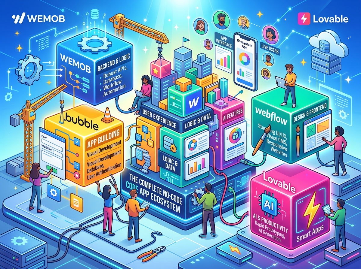 No-code platforms comparison: WEMOB, Bubble, Webflow, Lovable