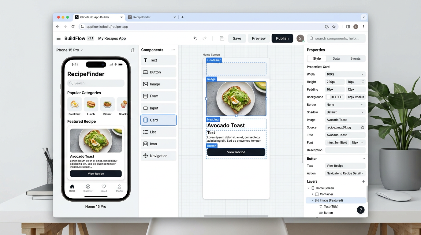 No-code app builder interface with drag-and-drop components