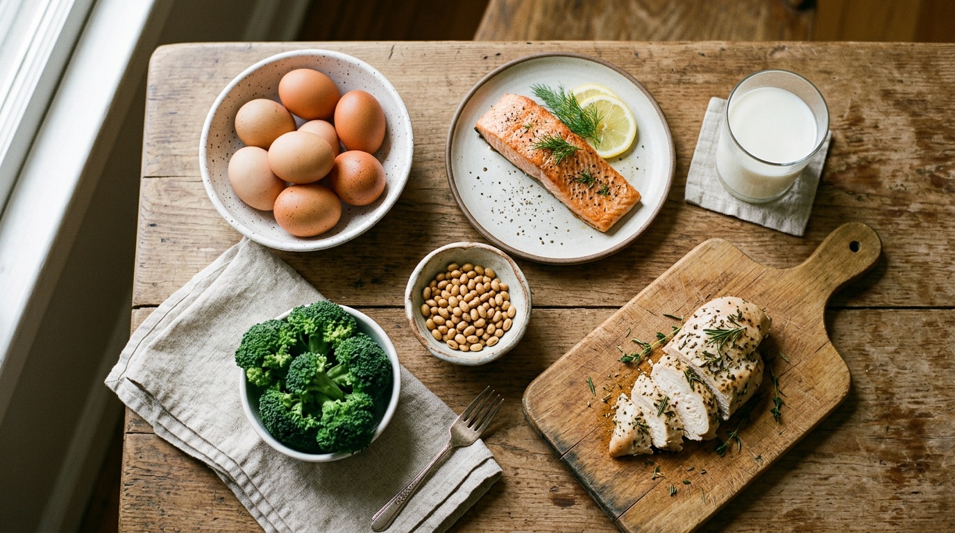 Close-up overhead shot of a rustic wooden kitchen table filled with whole foods 
