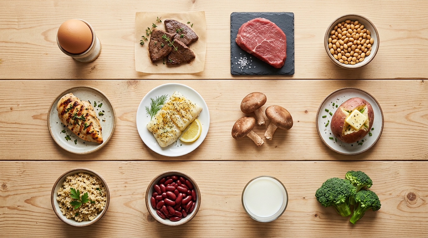 Clean flat-lay photo showing 12 individual choline-rich foods arranged in a neat