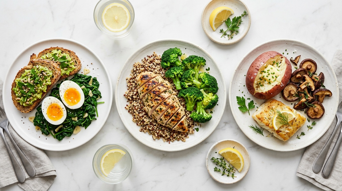 Three wholesome pregnancy meals laid out in sequence on a light marble surface