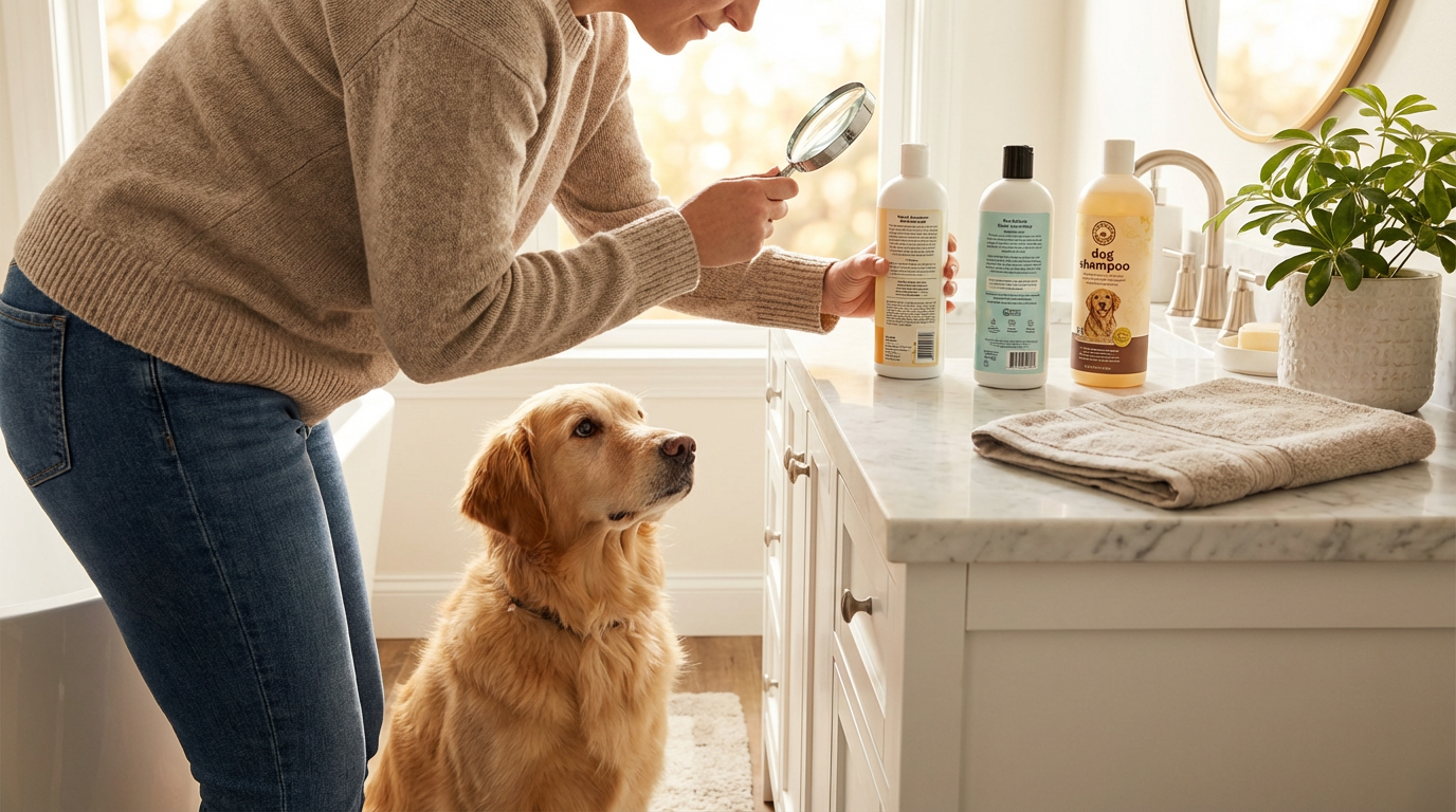 Person comparing dog shampoo ingredients with golden retriever