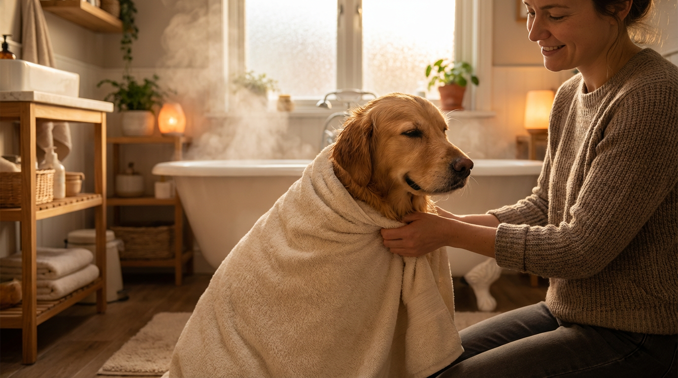 Happy dog being towel dried after bath