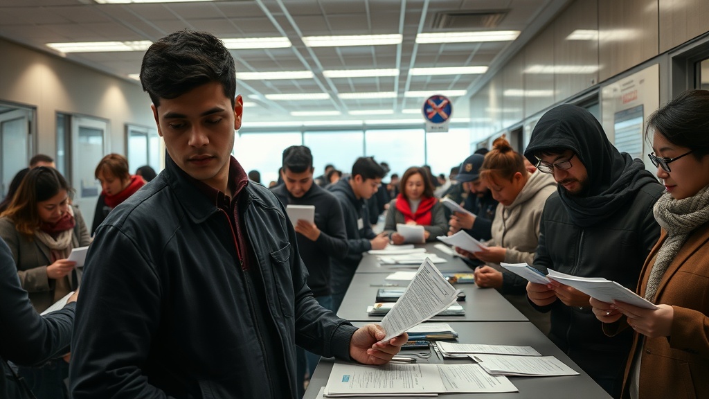 A busy immigration office with diverse people engaged in paperwork and digital forms, reflecting the procedural aspects of Canadian immigration. High-resolution, documentary-style image capturing human emotions of waiting and anticipation.