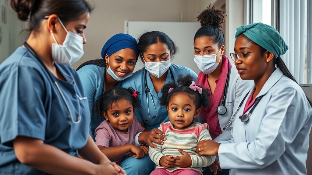 Capture a dynamic scene of diverse healthcare professionals in Ontario, Canada. The image should depict nurses, doctors, and early childhood educators in a community setting, highlighting multiculturalism and collaboration. High resolution, no text.