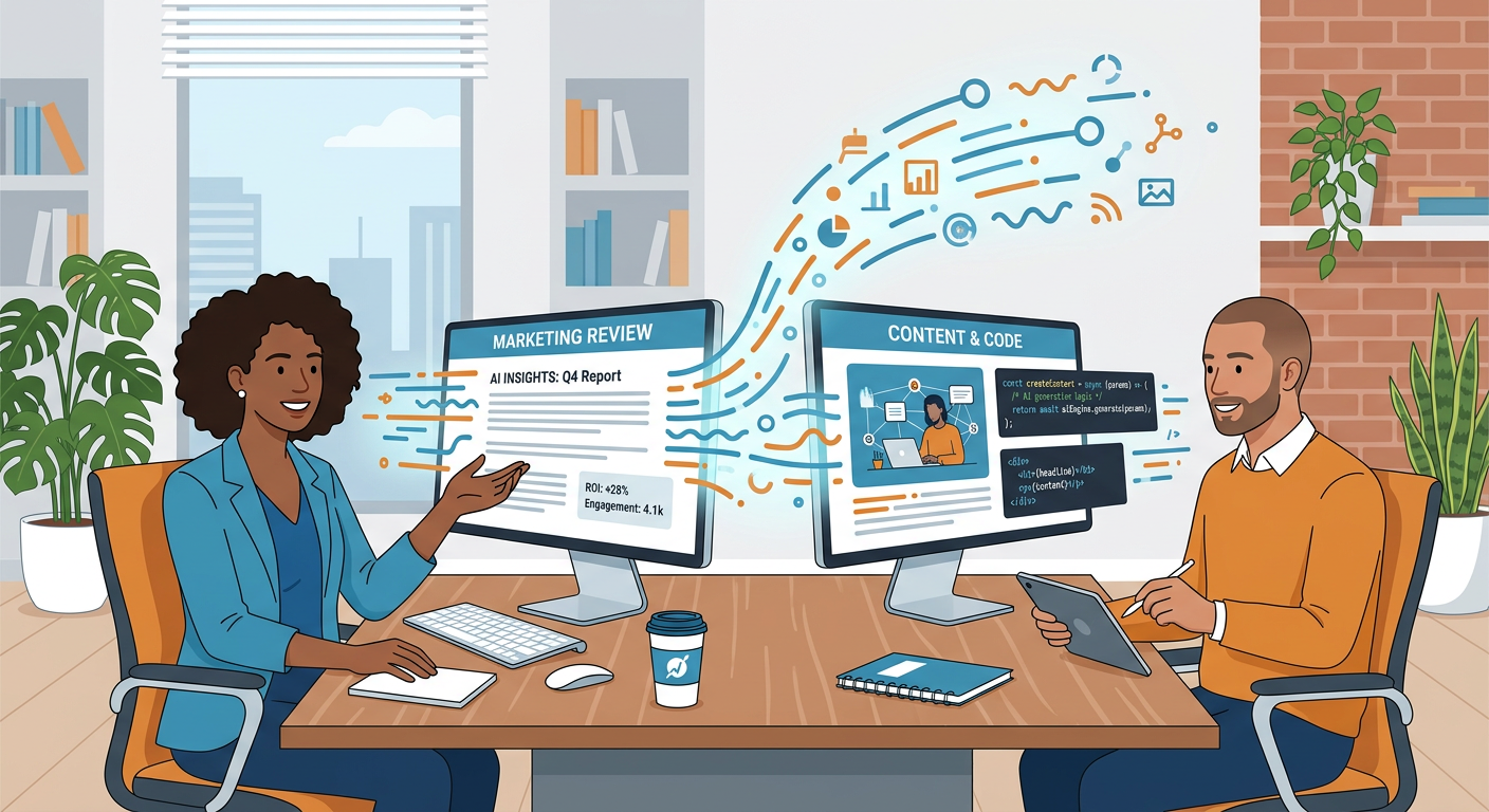 Modern flat illustration of a marketer and content creator reviewing AI-generated outputs on screens, with flowing data sh...