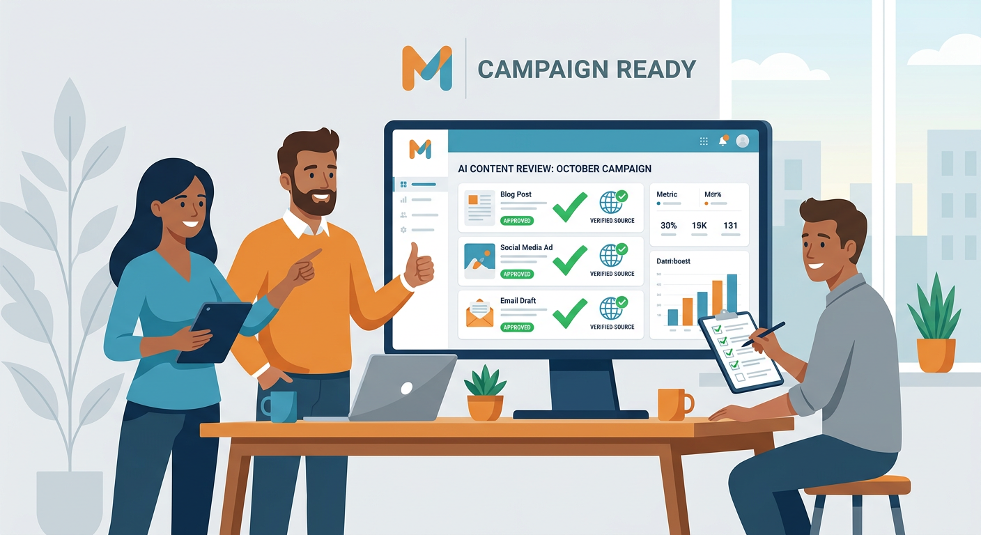 Flat cartoon-style closing illustration of a marketing team reviewing AI-generated content with checkmarks, verified sourc...
