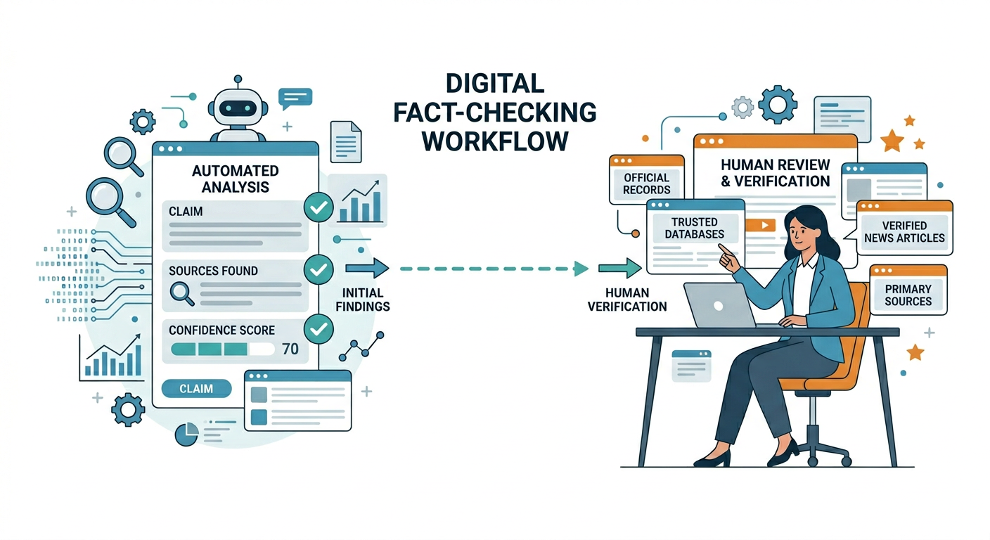 Modern flat illustration of a digital fact-checking workflow, with an AI output panel on one side and a human reviewer com...