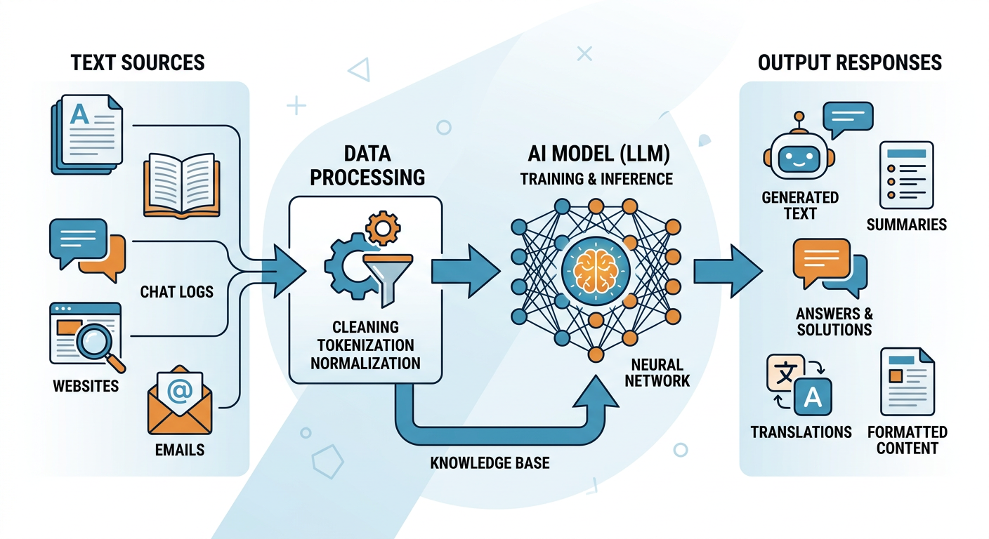 A modern illustrative diagram-style scene showing a pipeline from text sources to an AI model to output responses, with cl...
