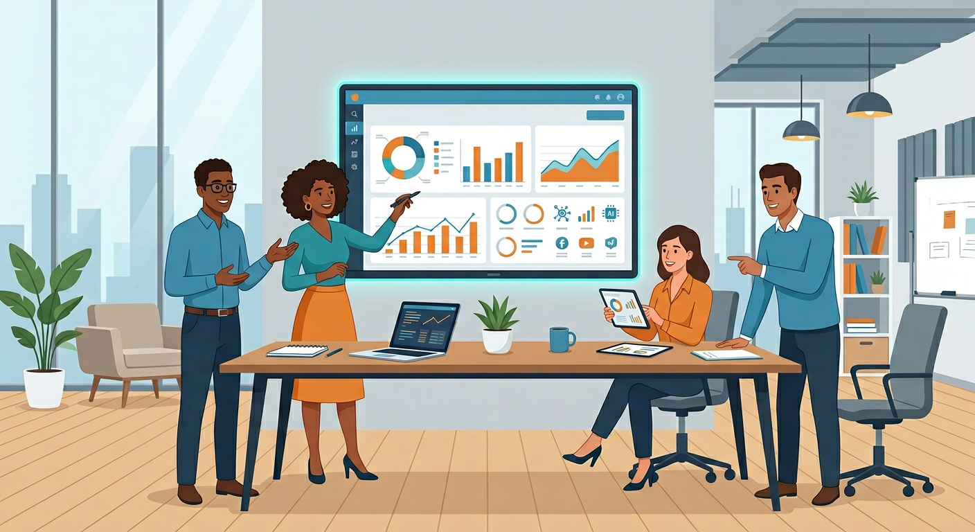 A professional flat cartoon-style scene of a marketing team reviewing AI-generated content insights on a large screen, usi...