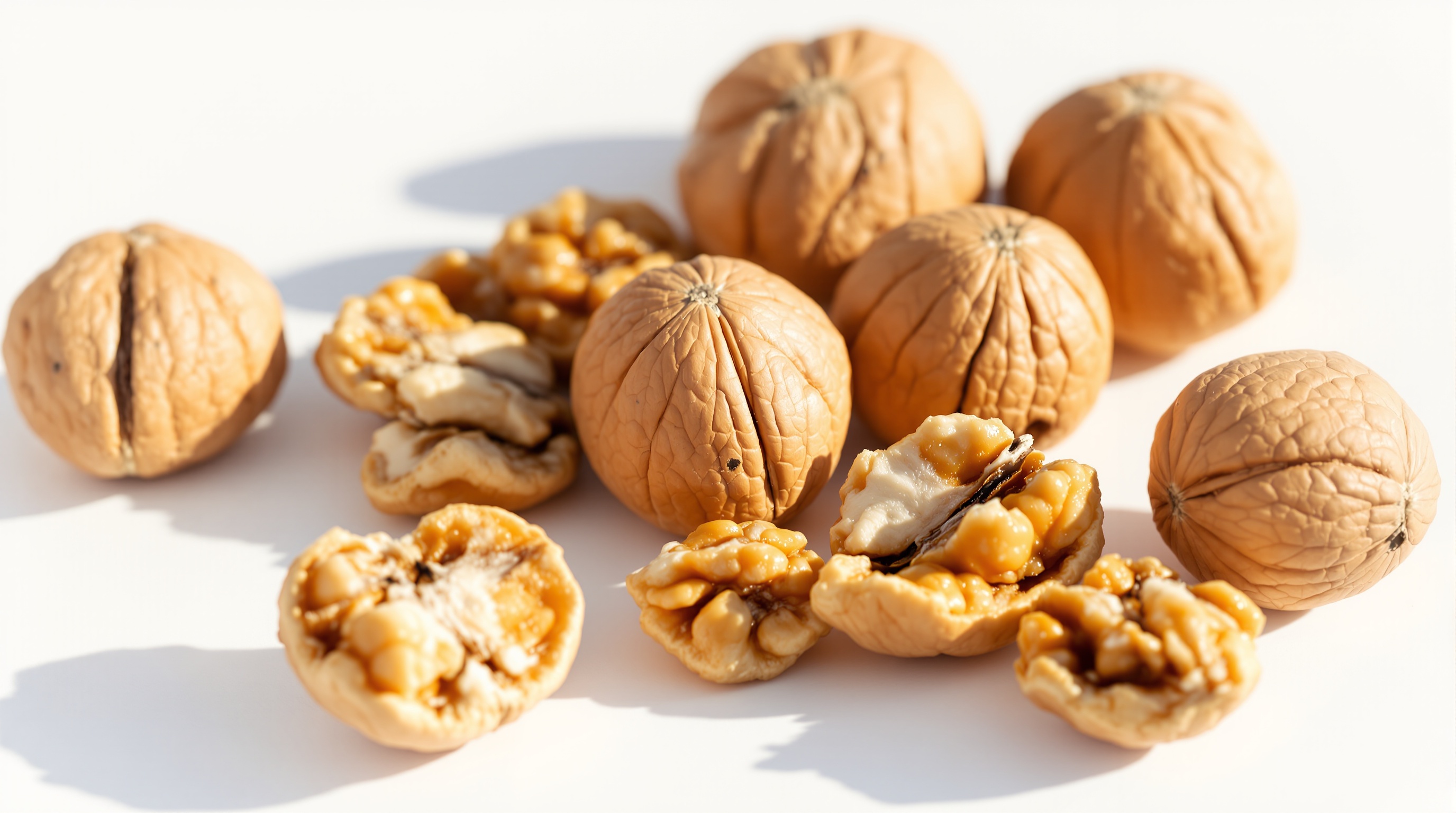 아르기닌이 풍부한 통호두와 껍질이 벗겨진 호두 알맹이 접사