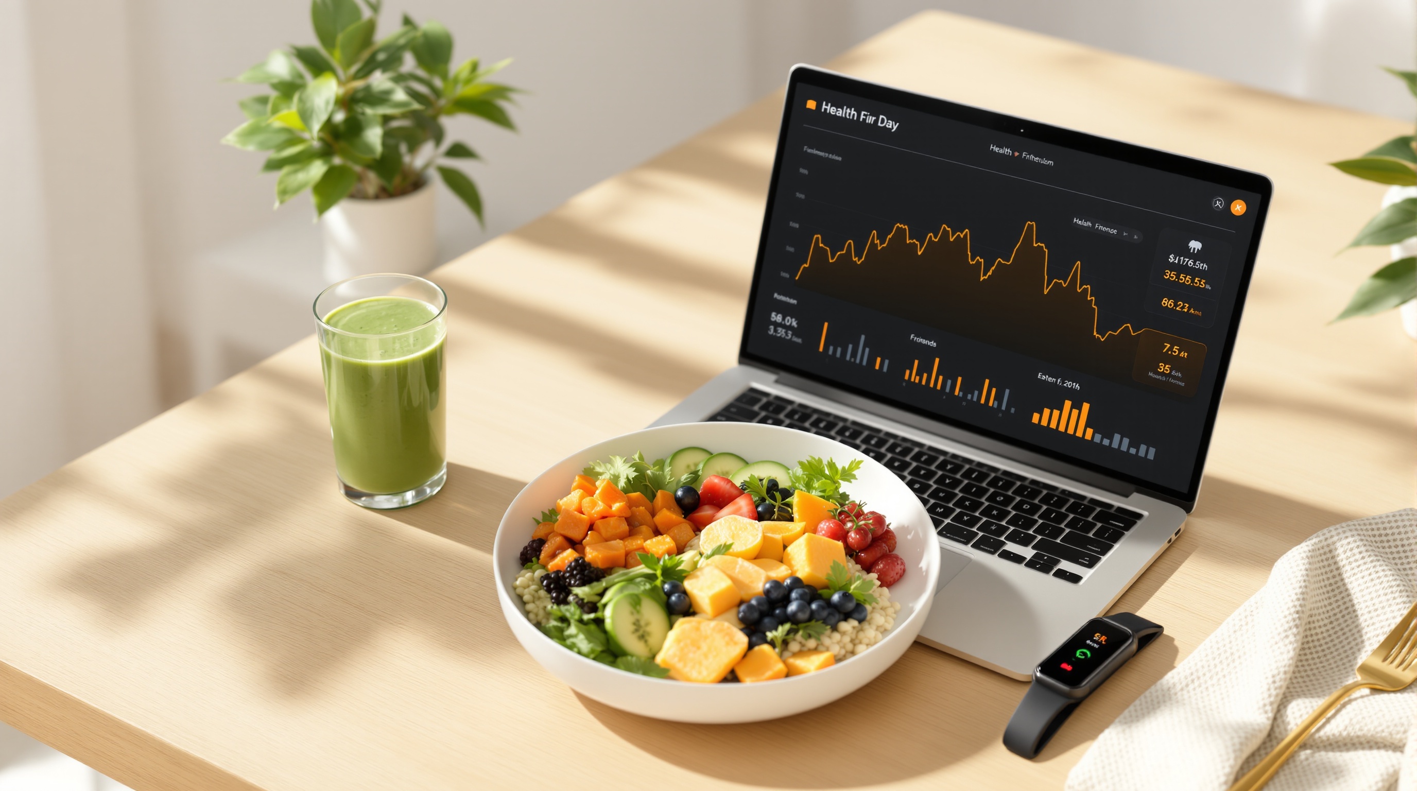 건강한 아침 식사와 노트북, 간 건강 관리를 위한 라이프스타일 이미지