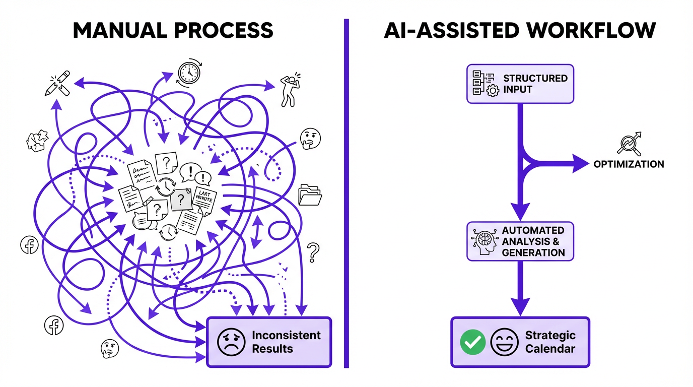 A diagram contrasting a chaotic manual social media planning process with a streamlined AI-assisted workflow.