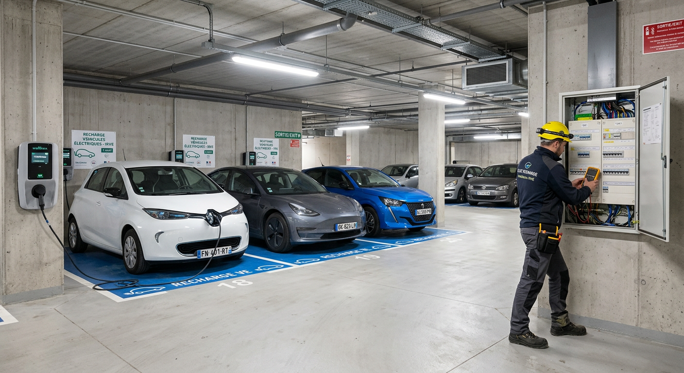 Vue d'un parking souterrain en copropriété avec plusieurs véhicules électriques en charge sur des bornes de recharge électrique IRVE modernes.