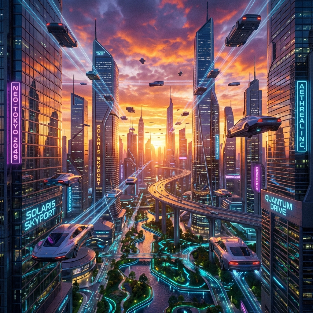 AI-generated futuristic cityscape at sunset with neon signs and readable text, 4K resolution