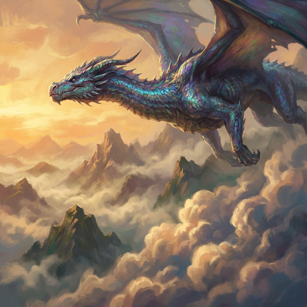 Epic AI-generated fantasy dragon scene with volumetric clouds, 4K ultra detailed