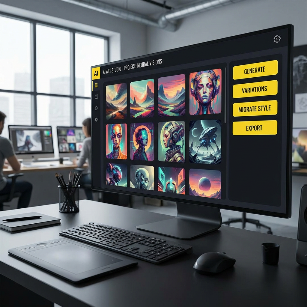 Modern AI image generation studio dashboard with gallery of artworks and creative tools