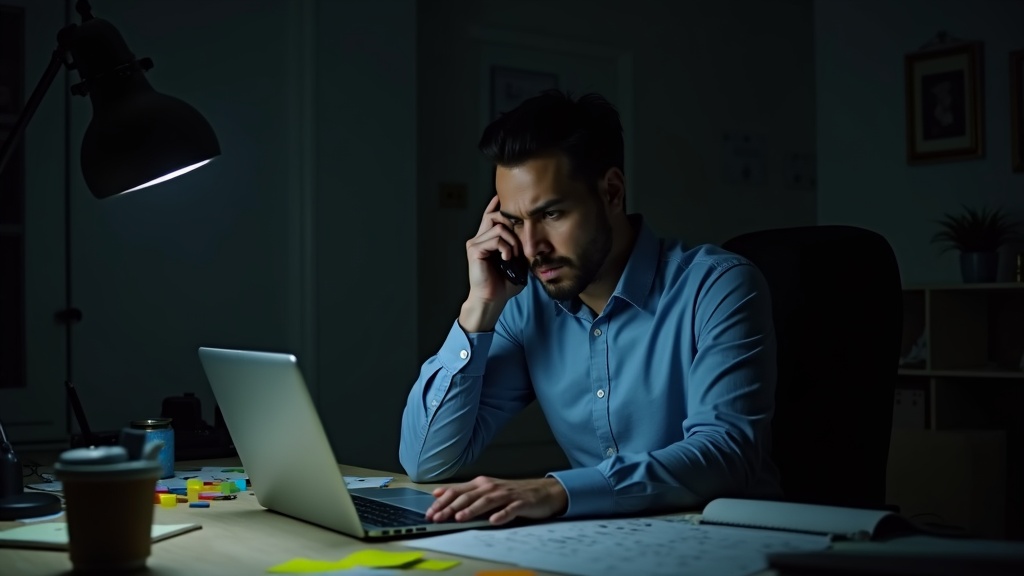 Frustrated small business owner on the phone, rubbing their temples, laptop open with a cluttered calendar, sticky notes everywhere, dimly lit home office at night