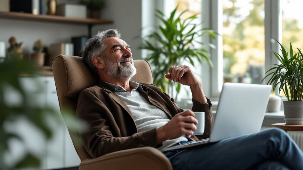 Business owner reviewing an AI-generated email draft on their laptop, coffee in hand, relaxed posture, modern home office