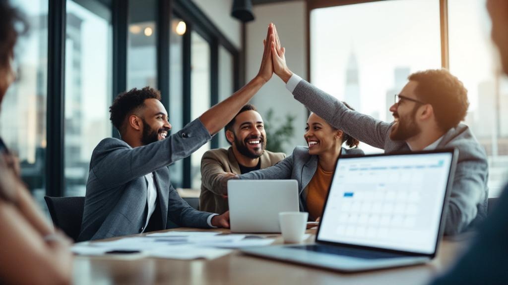 Small business team celebrating around a conference table, high-fiving, modern US office with city view, laptop open showing a clean, conflict-free calendar