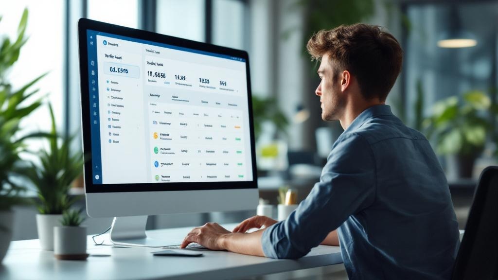 Clean dashboard showing a list of verified leads, with filters for industry, company size, and location, bright modern office setup