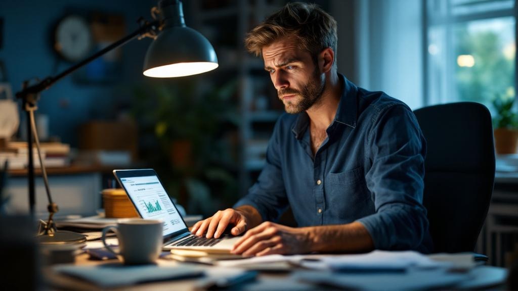 A tired small business owner at a cluttered desk, late at night, staring at a spreadsheet with declining numbers, a half-empty coffee cup beside them.