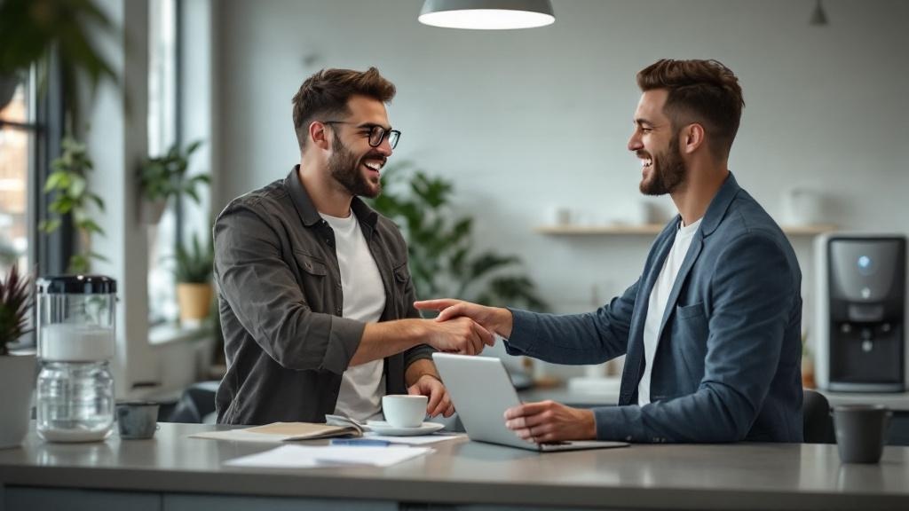 Two coworkers laughing while reviewing results on a laptop in a casual office break room, one pointing at the screen, the other smiling.