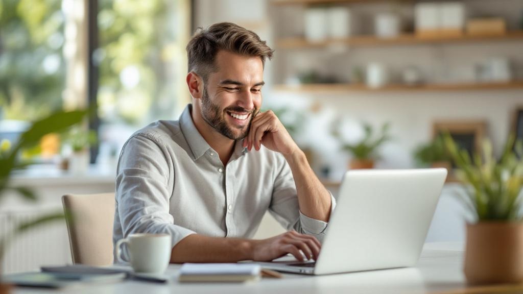 A smiling business owner at a clean desk, reviewing their laptop in the morning light, a fresh cup of coffee beside them, looking relaxed.