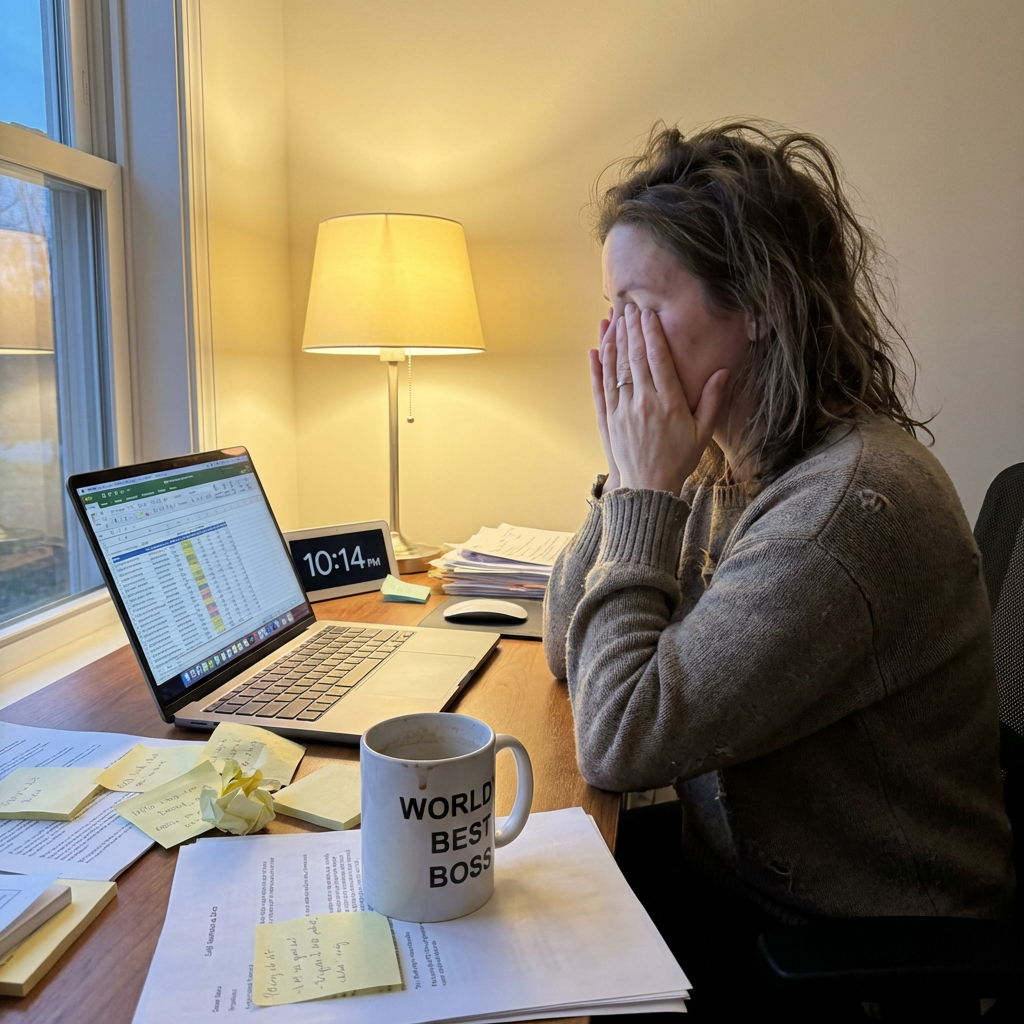 A tired small business owner at a messy desk with sticky notes, cold coffee, and a laptop open to a spreadsheet at 10 PM