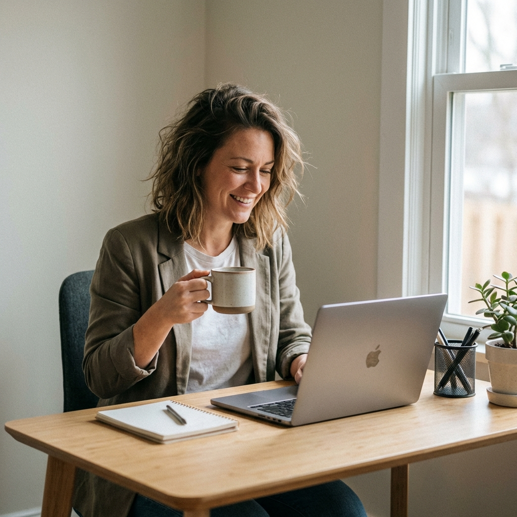 A smiling business owner at a clean desk, reviewing their laptop in the morning light, coffee in hand
