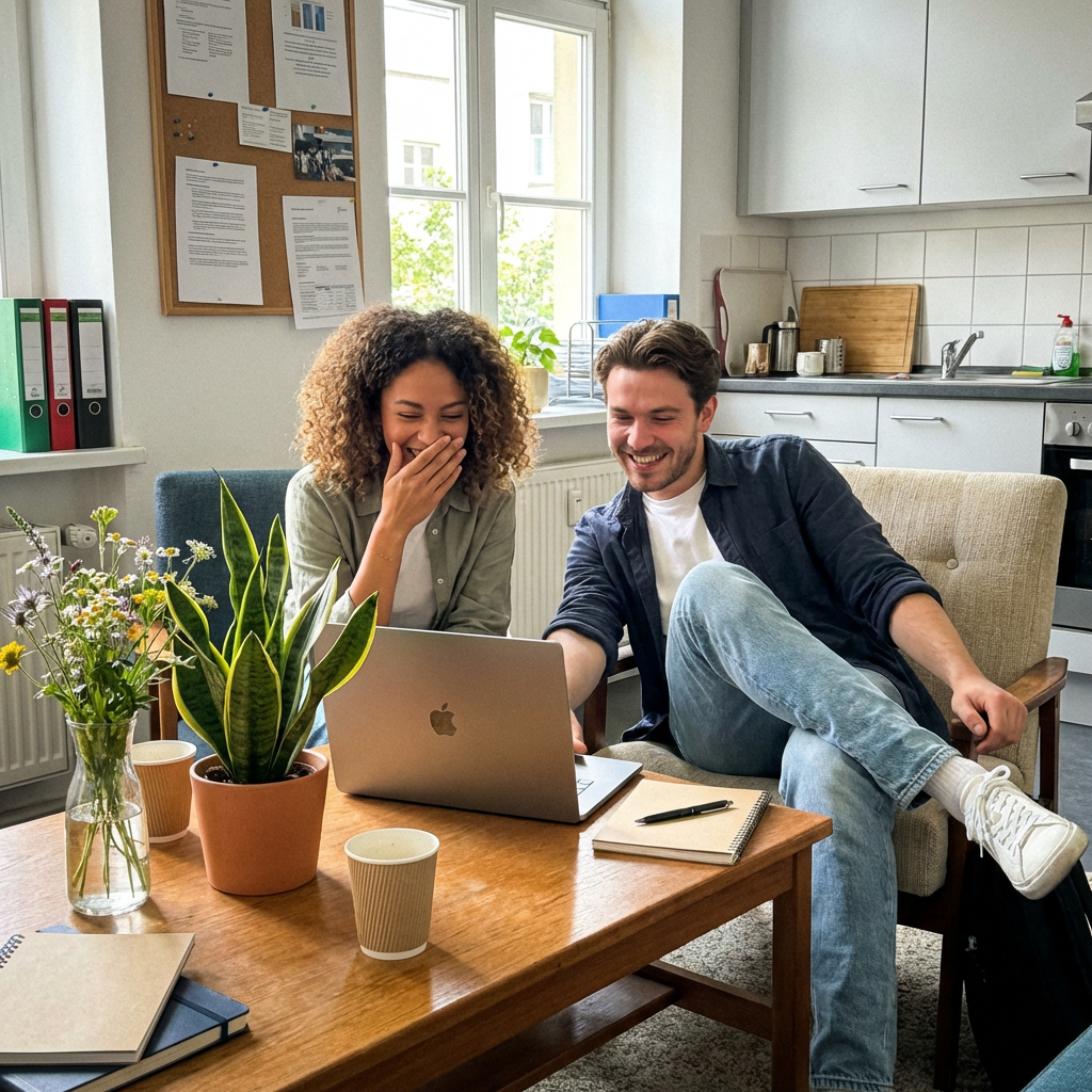 Two coworkers laughing while reviewing results on a laptop in a casual office break room