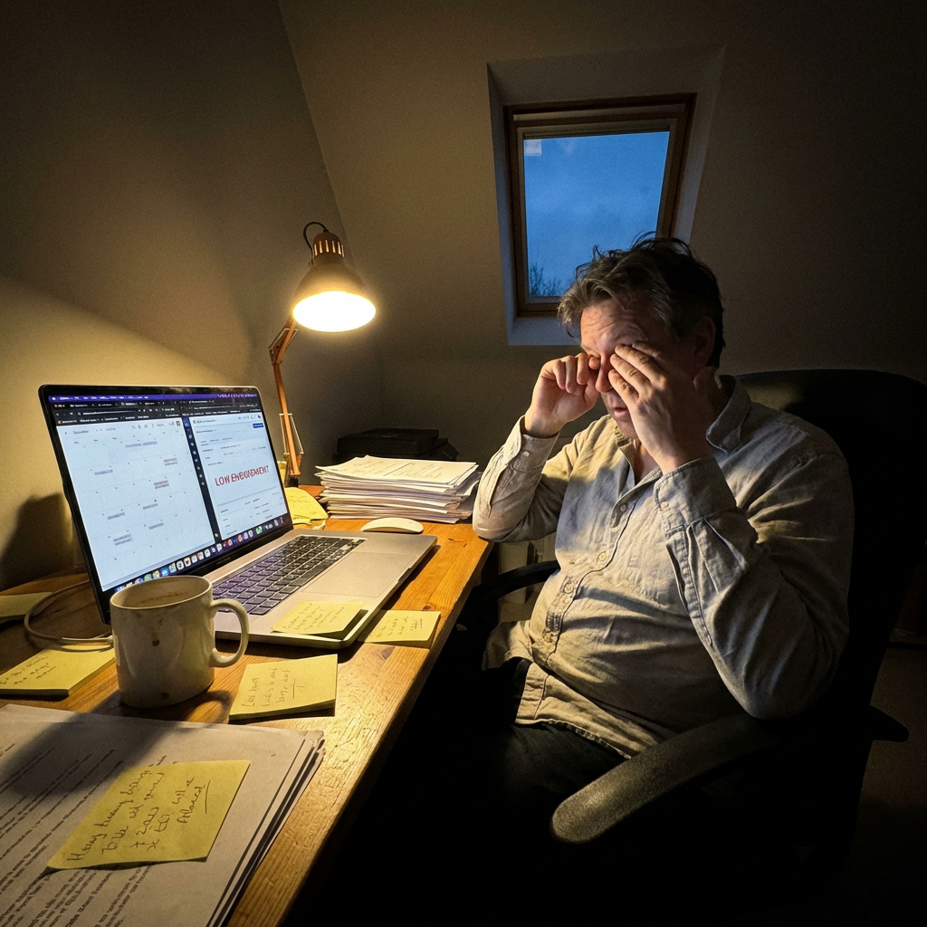 A tired small business owner at a messy desk with sticky notes and cold coffee, late evening, laptop open with too many tabs—one showing a near-empty calendar, another an ad dashboard with low engagement.