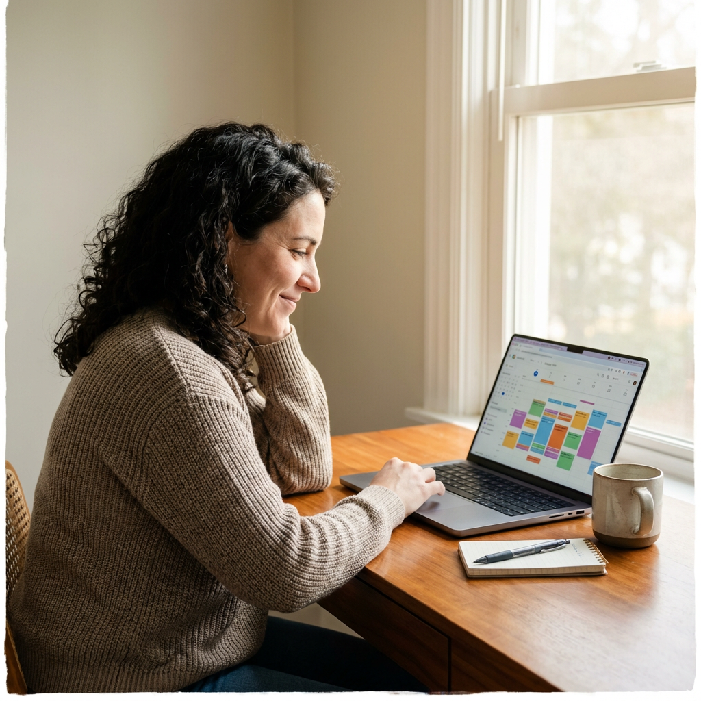 A smiling business owner at a clean desk reviewing their laptop, morning light through the window, relaxed posture—calendar on screen showing a full schedule.