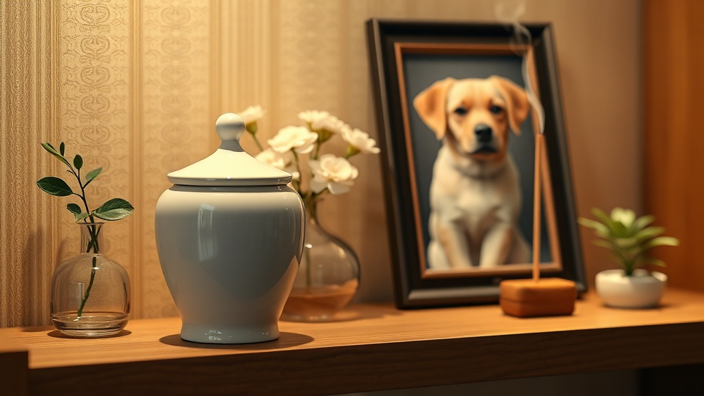 木製の棚に置かれた白い骨壺と犬の写真、供養の花が配置された家庭でのペット供養の様子