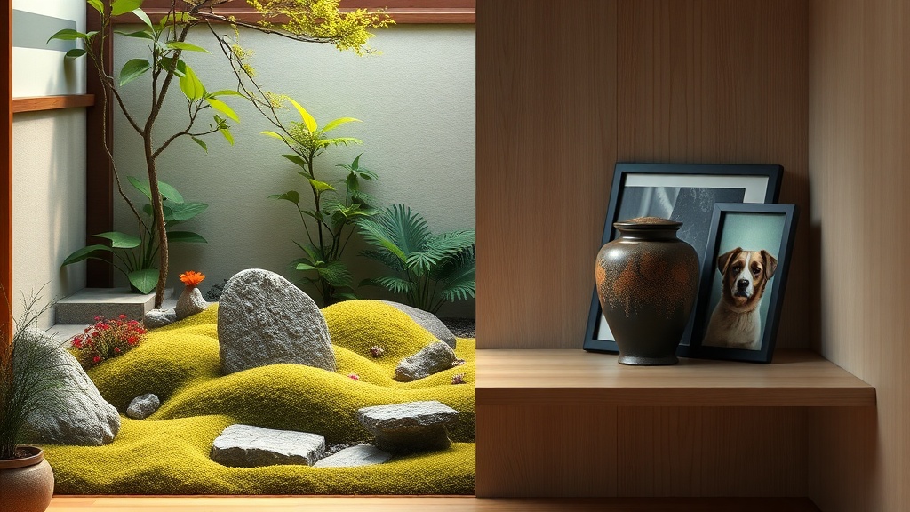 火葬後のペット遺骨を納めた骨壷と写真が置かれた追悼コーナーと日本庭園風の記念スペース