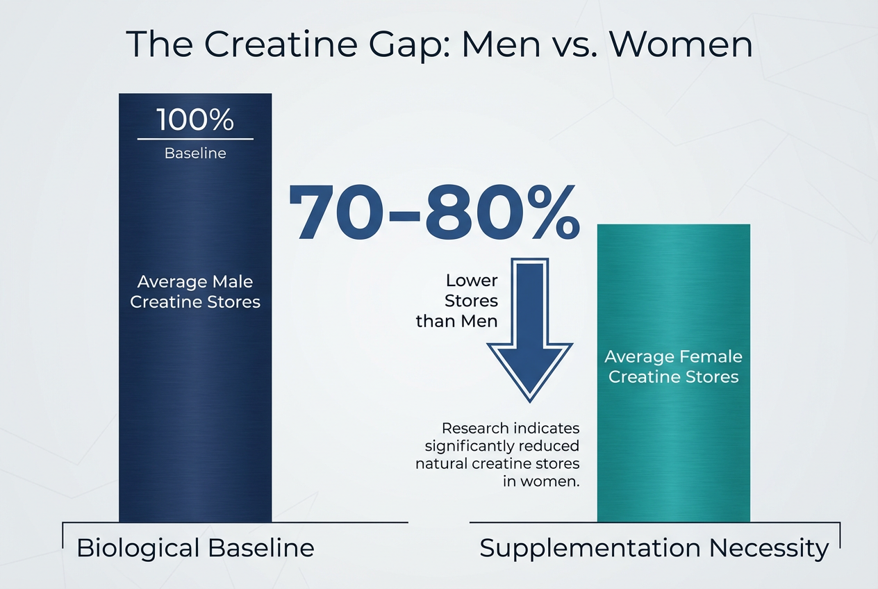 Bar chart showing women have 70-80% lower natural creatine stores than men, highlighting the biological need for supplementation.