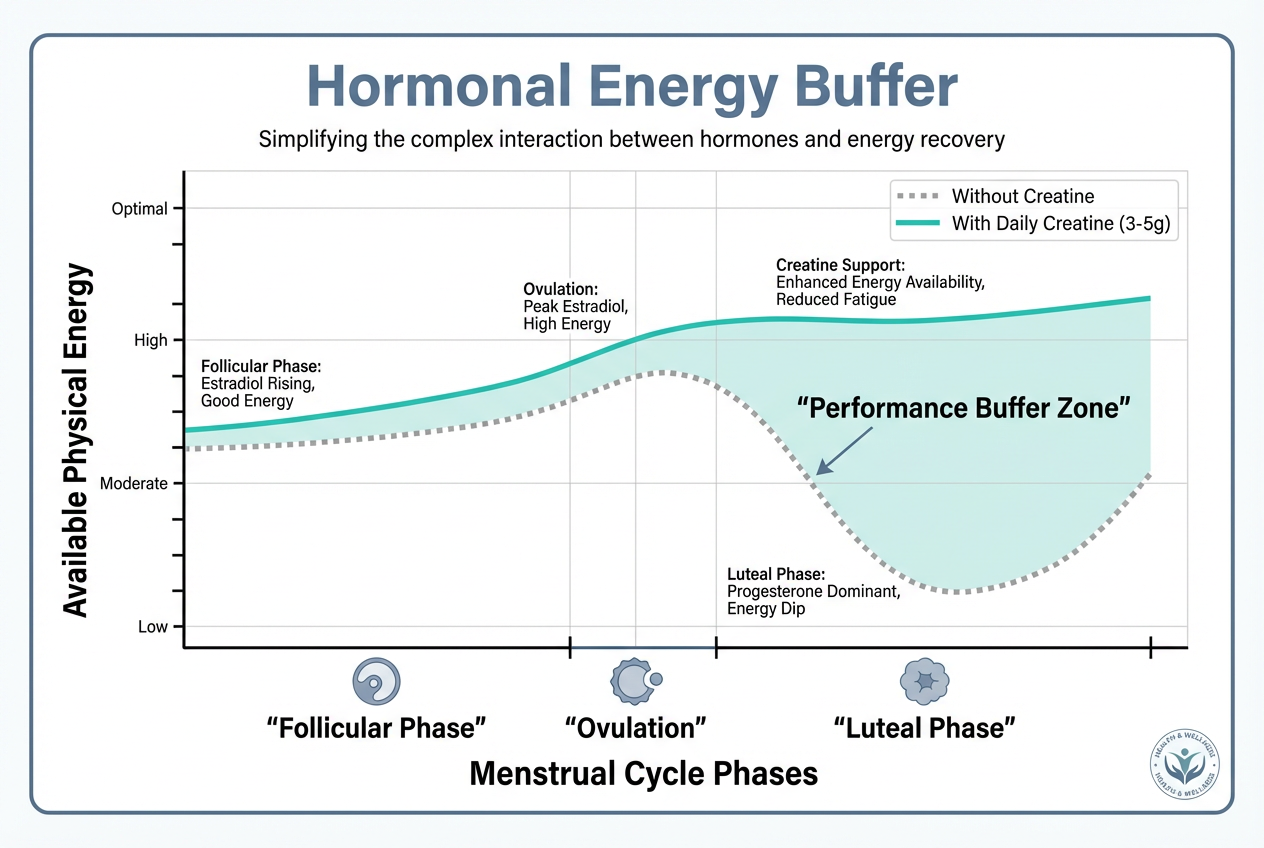 Line graph illustrating how creatine supplementation buffers the natural energy dip women experience during the Luteal phase of their cycle.