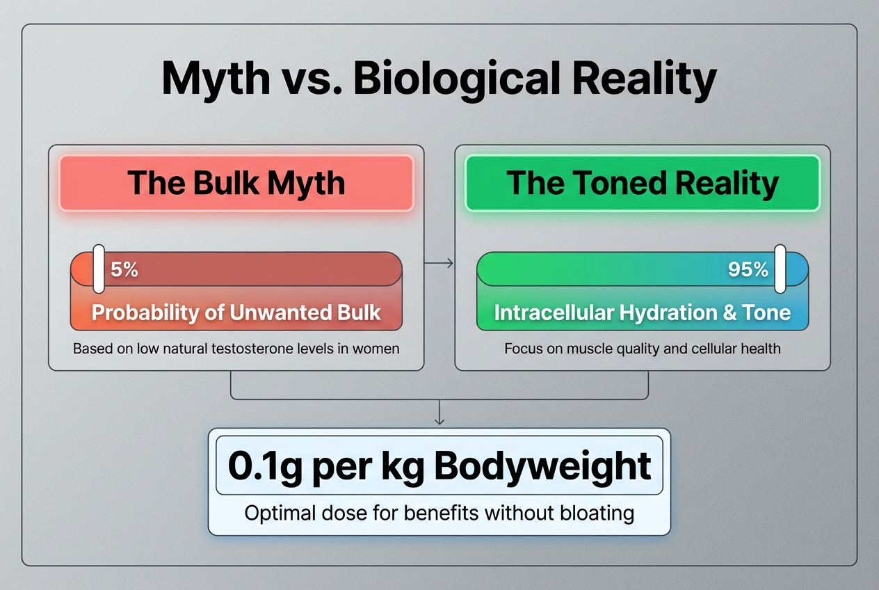 Comparison chart debunking the myth that creatine causes bulk in women, highlighting instead the benefits of muscle hydration and tone.