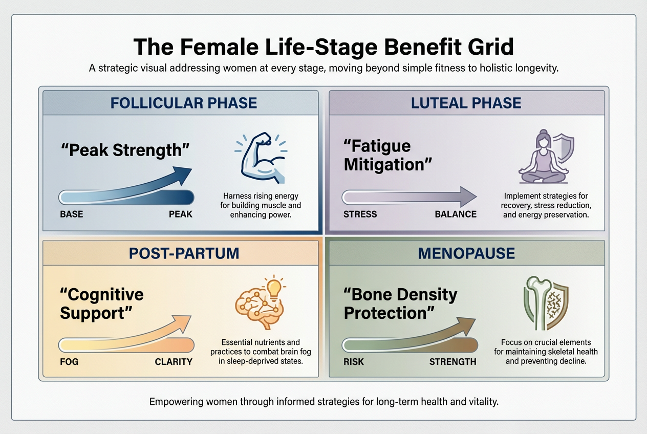A four-quadrant grid showing the specific benefits of creatine for women across different life stages including menstrual phases and menopause.