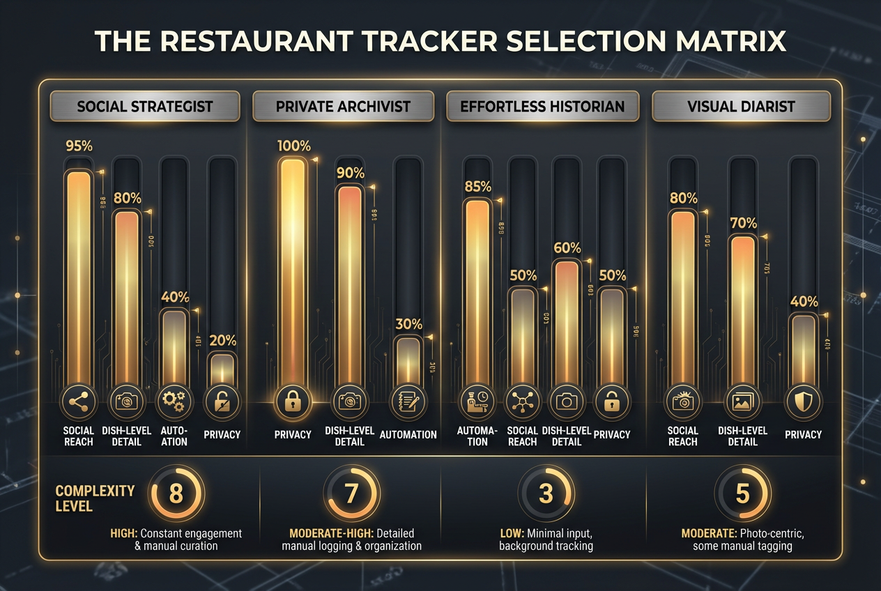 A comparative bar chart showing four restaurant tracker personas: Social Strategist, Private Archivist, Effortless Historian, and Visual Diarist.