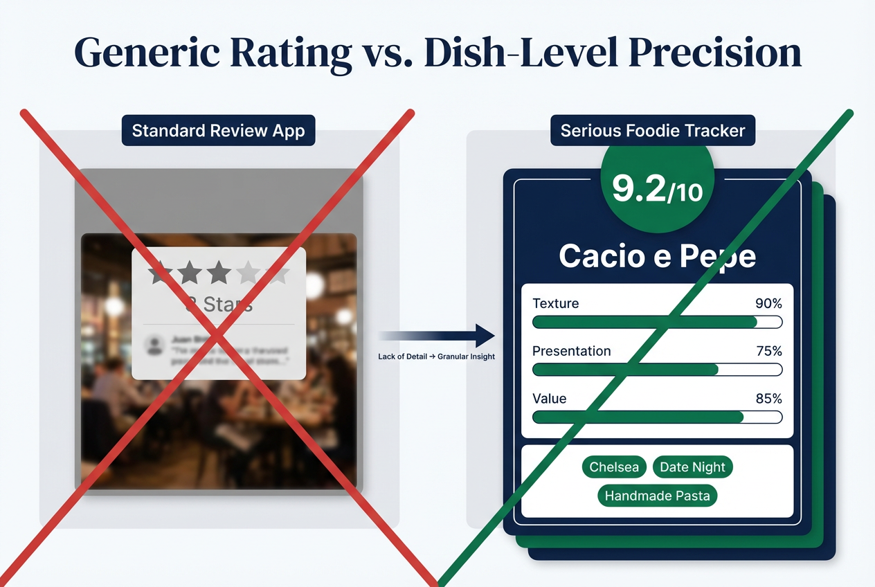 Comparison between a generic 3-star restaurant review and a detailed 9.2 out of 10 dish-level rating with specific texture and value metrics.