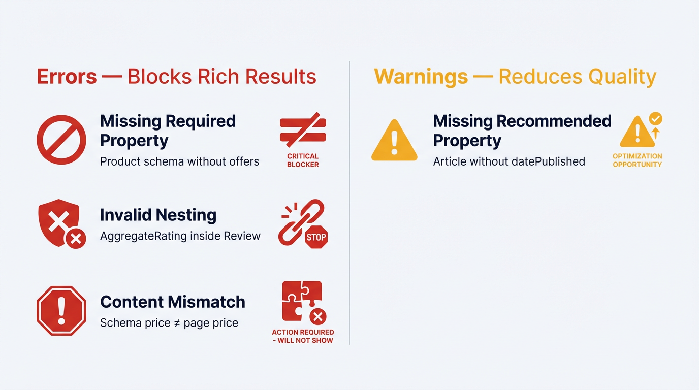 Infographic comparing schema errors versus warnings, showing which issues block rich results and which reduce quality