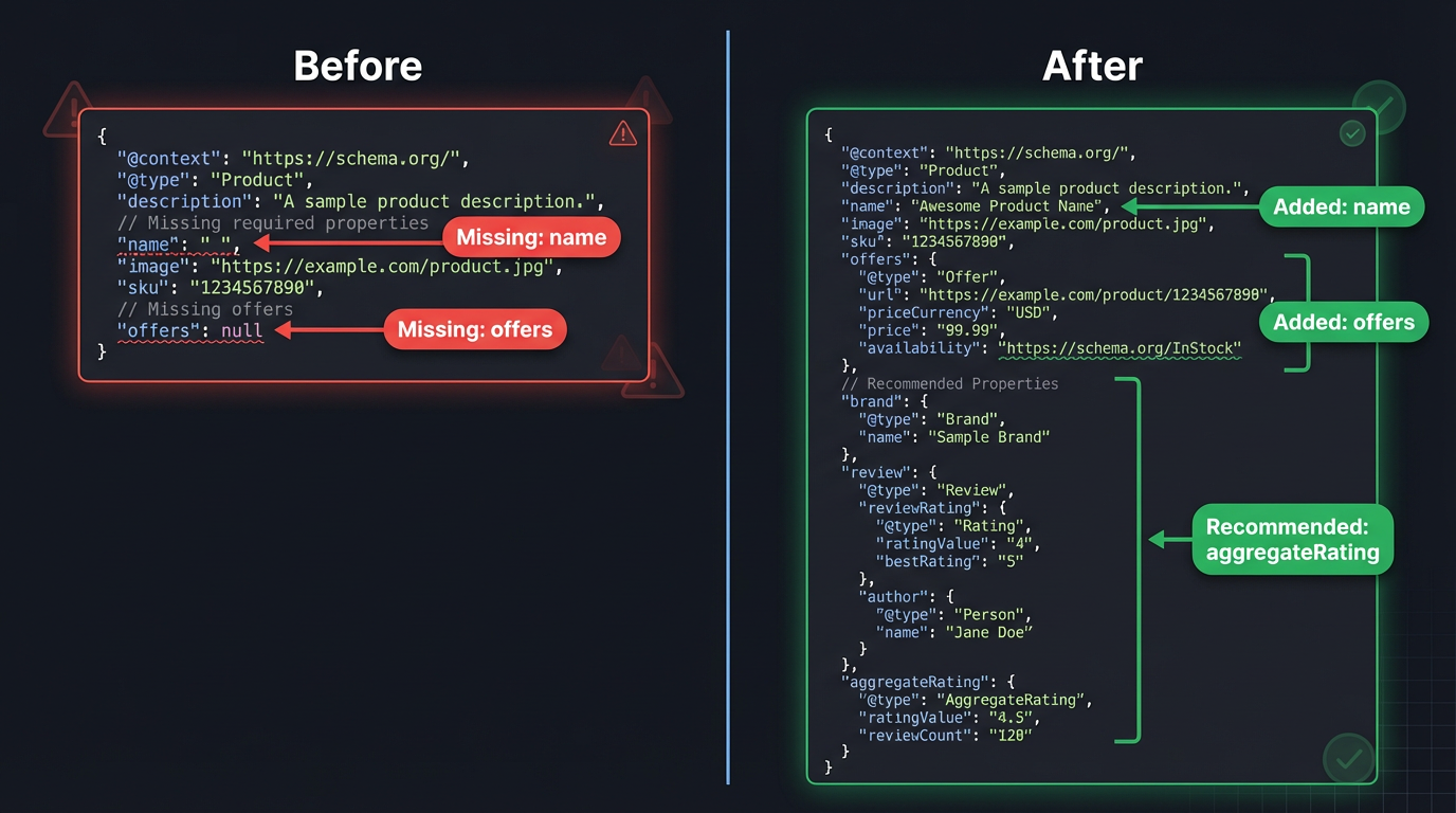 JSON-LD product schema markup in a code editor with required and recommended properties annotated